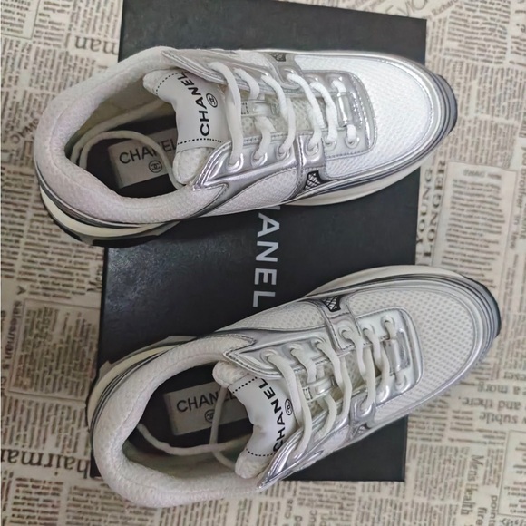CHANEL Shoes - Chanel White and Silver Sneakers